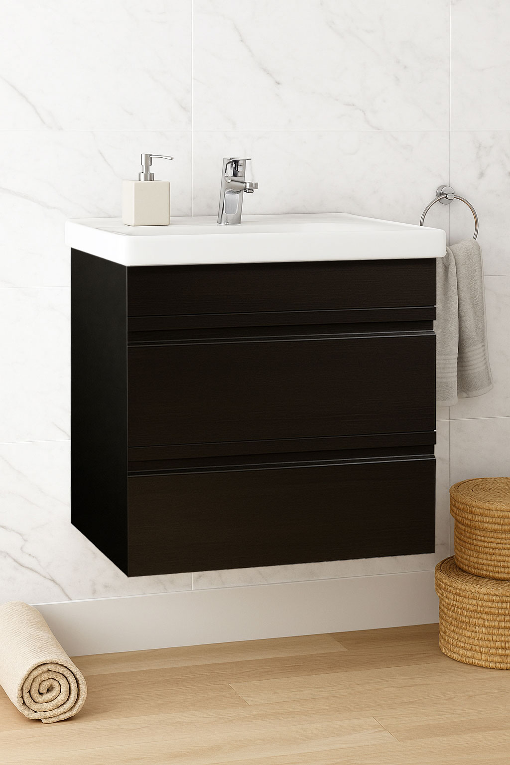 Mobilier Baie MDF și lavoar ceramică, Seria 786, Suspendat, Sertare, 60cm, Negru