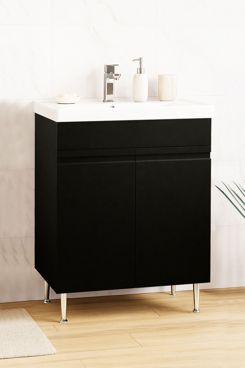 Mobilier Baie MDF și lavoar ceramică, Seria 786, 60cm, Negru