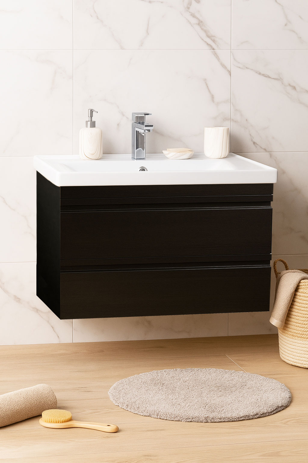 Base and ceramic washbasin Series 786, Suspended, Drawers, 80cm, Black