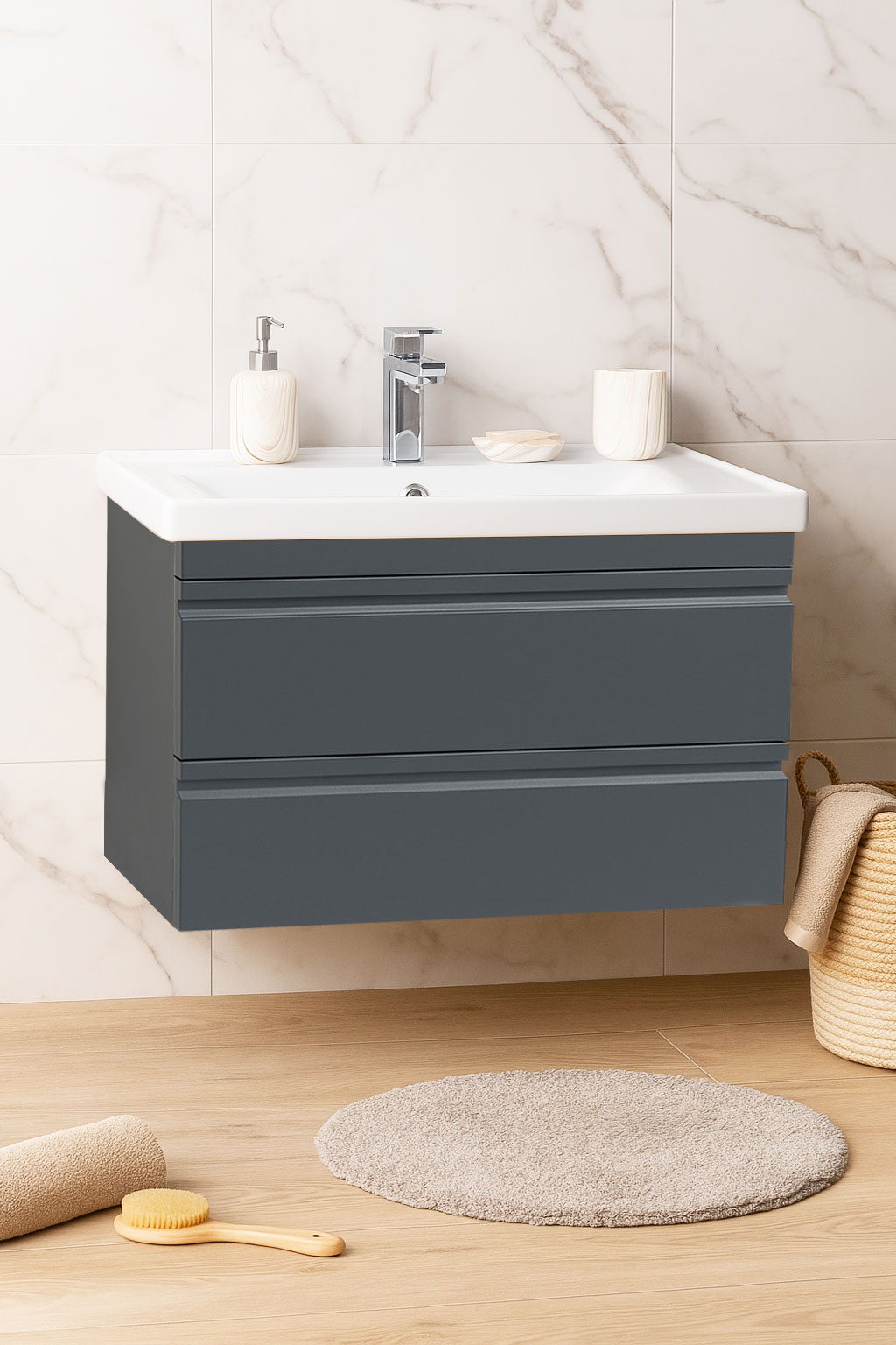 Base and ceramic washbasin Series 786, Suspended, Drawers, 80cm, Anthracit