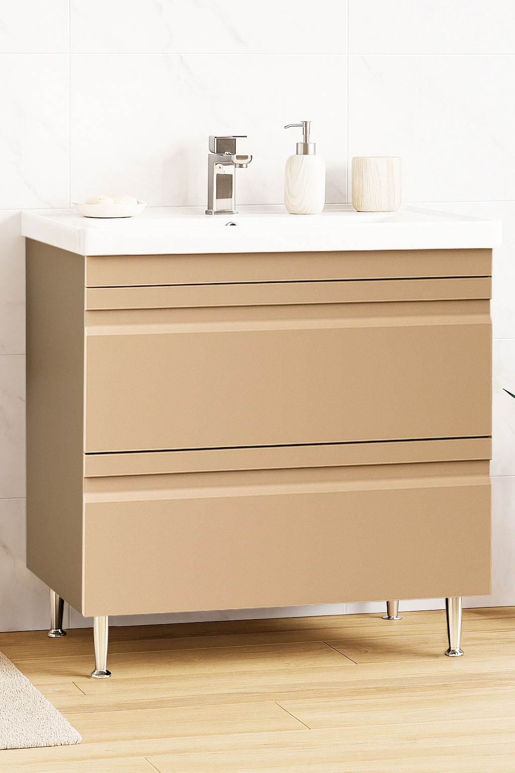 Base and ceramic washbasin Series 786, Drawers, 80cm, Cappuccino