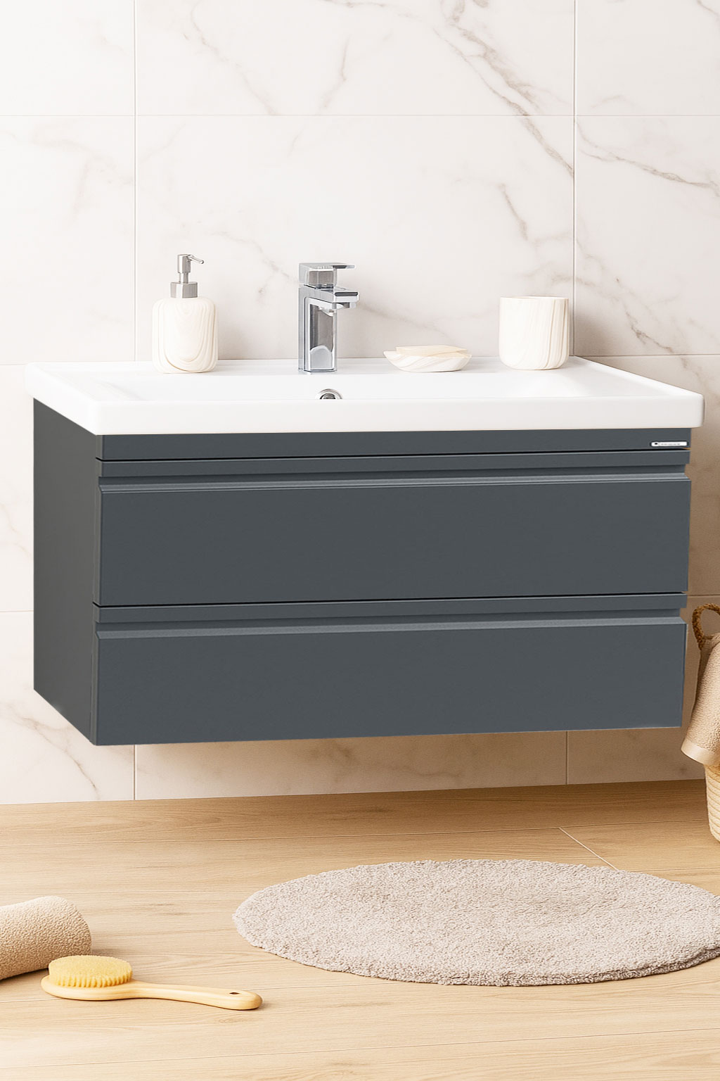 MDF Base and ceramic washbasin Series 786, Suspended, Drawers, 100cm, Anthracit