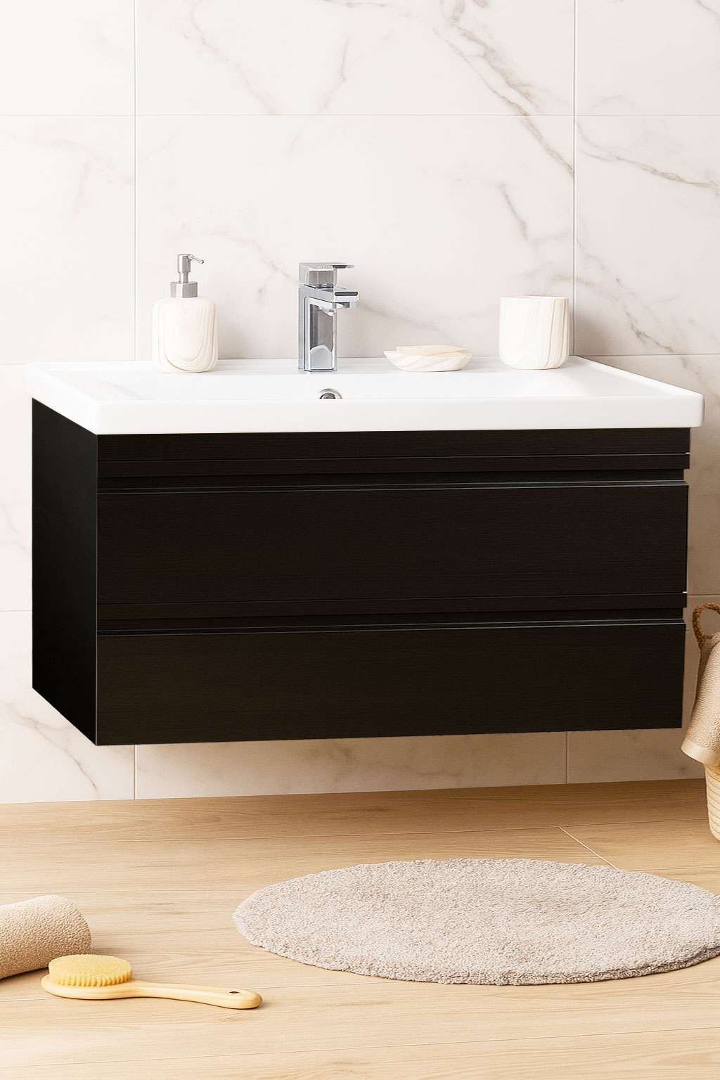 MDF Base and ceramic washbasin Series 786, Suspended, Drawers, 100cm, Black