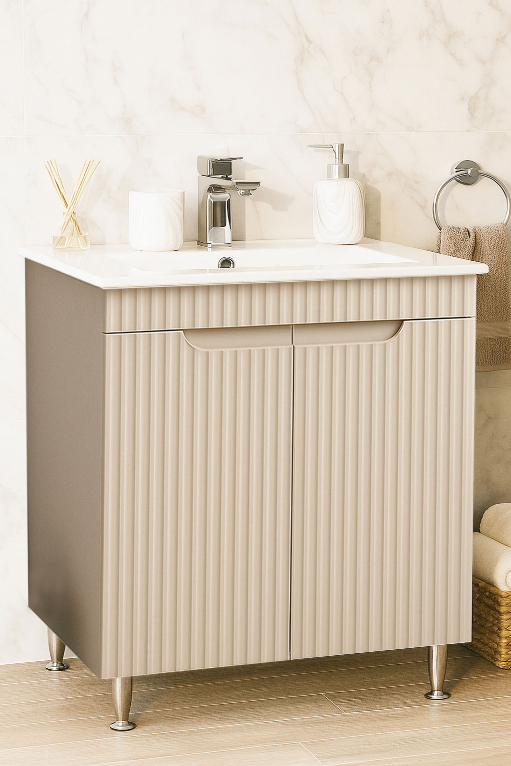 Mobilier Baie MDF și lavoar ceramică, Seria 033, 70cm, Crem