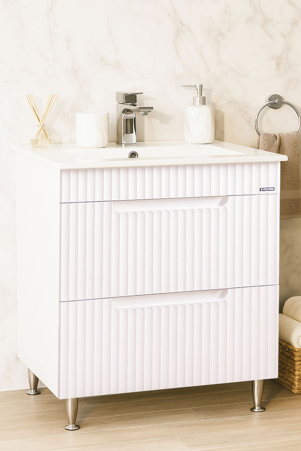 Mobilier Baie MDF și lavoar ceramică, Seria 033, Sertare, 70cm, Alb rustic