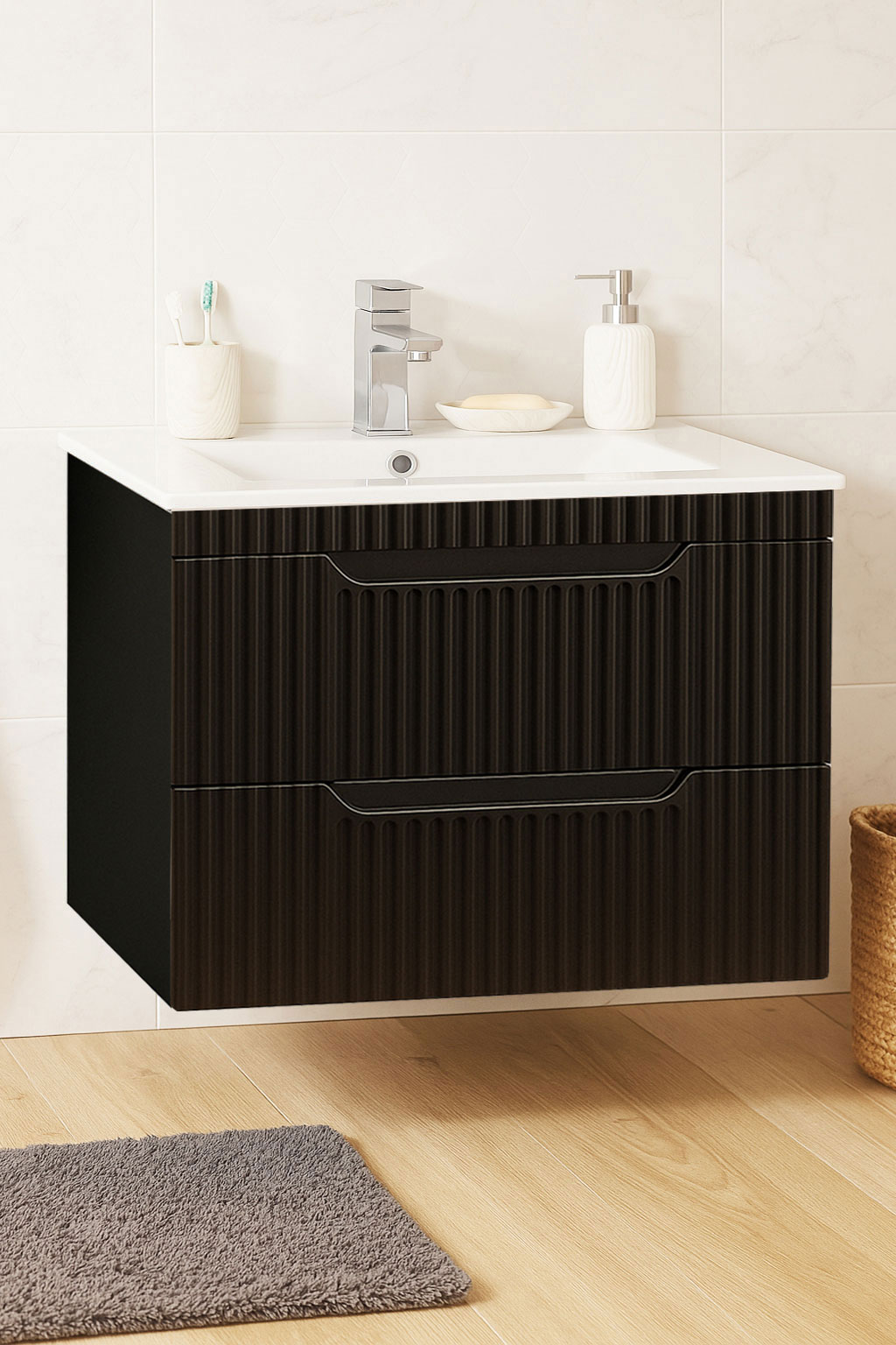 Mobilier Baie și lavoar ceramică, Seria 033, Suspendat, Sertare, 70cm, Negru