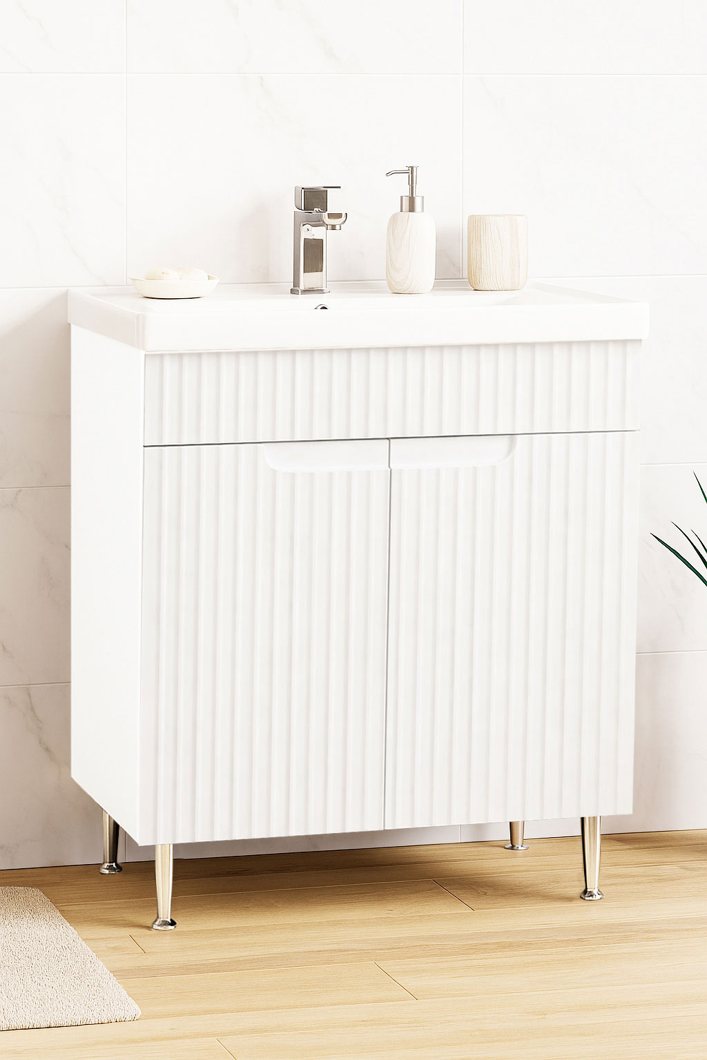 Mobilier Baie MDF și lavoar ceramică, Seria 733, 70cm, Alb rustic