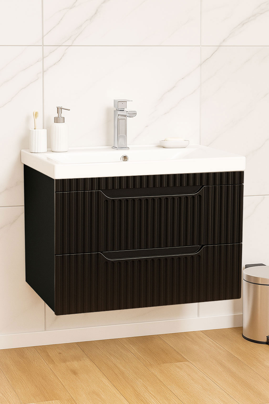 Mobilier Baie și lavoar ceramică, Seria 733, Suspendat, Sertare, 70cm, Negru