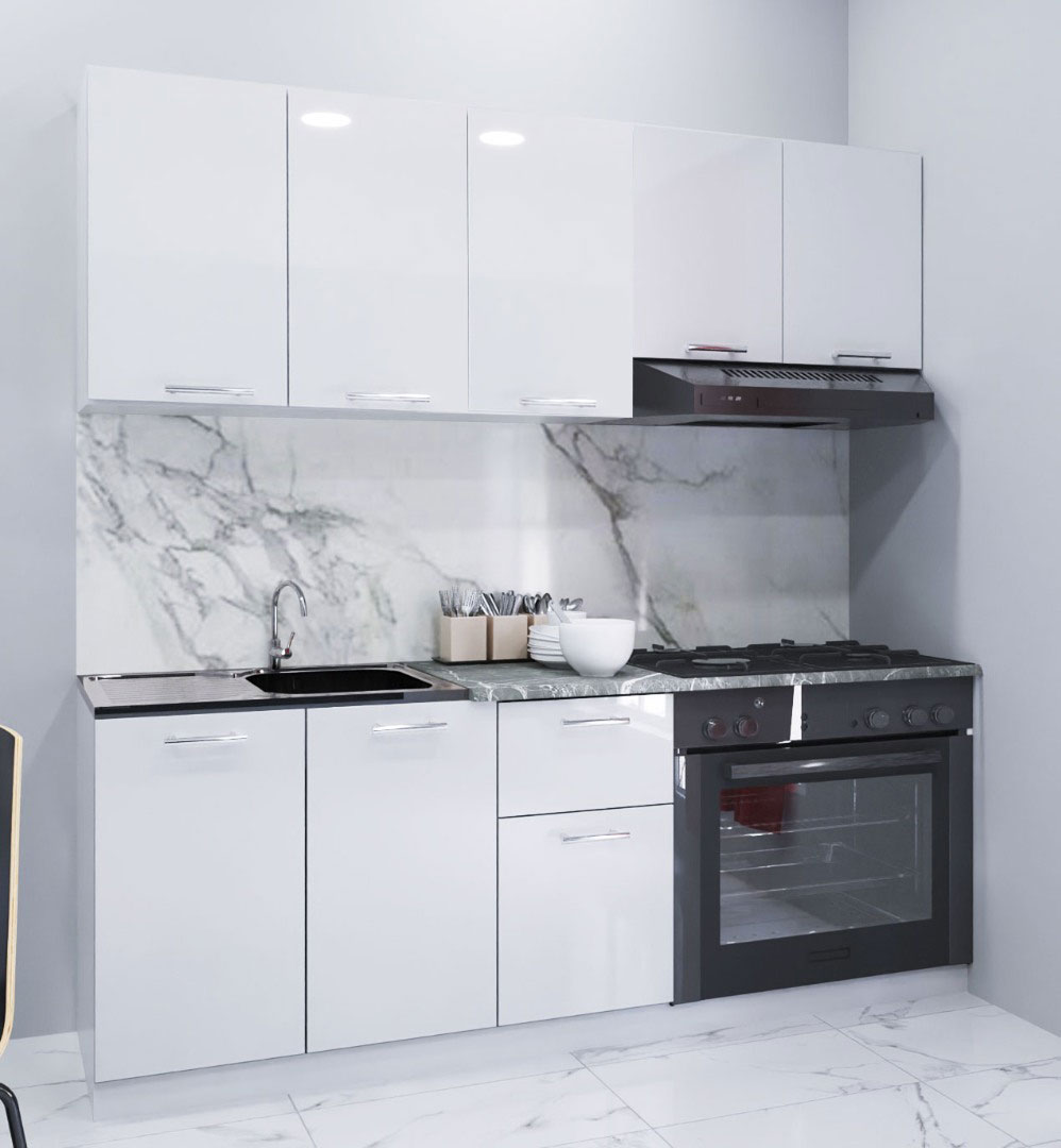 Mobilier de Bucătărie Set, Iris, MDF vopsit ultralucios, 180cm, Alb