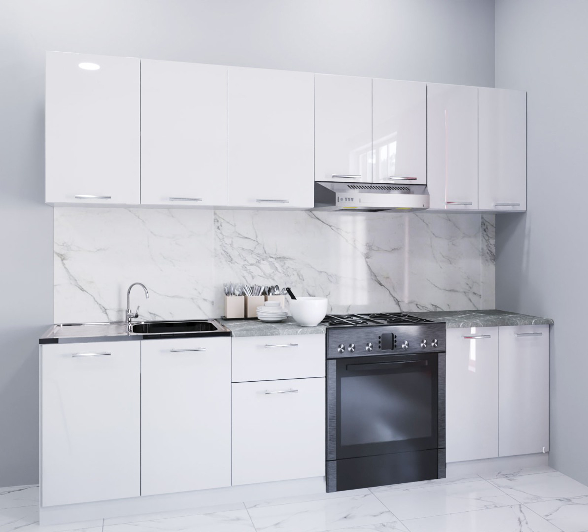 Mobilier de Bucătărie Set, Iris, MDF vopsit ultralucios, 240cm, Alb