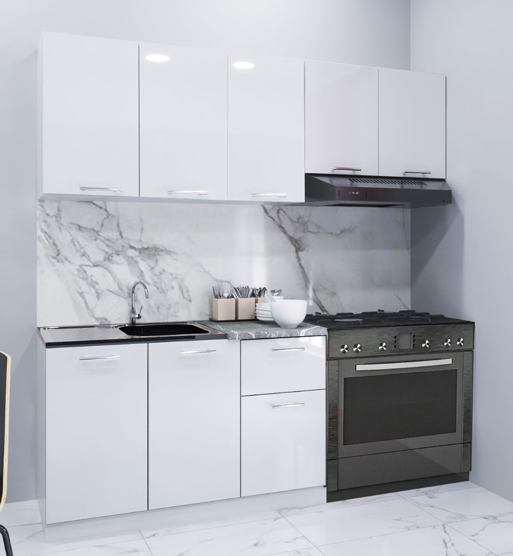 Mobilier de Bucătărie Set, Iris, MDF vopsit ultralucios, 180cm, Alb