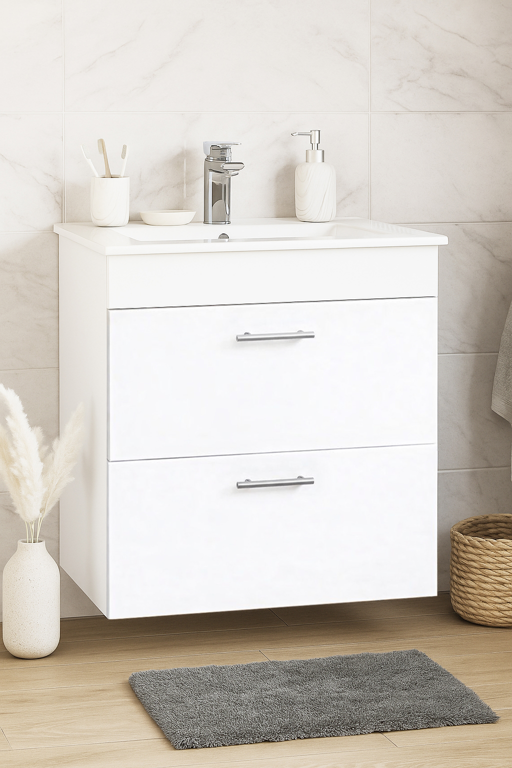 Mobilier baie Kit și lavoar, Seria 067, Suspendat, Sertare, 60cm, Alb