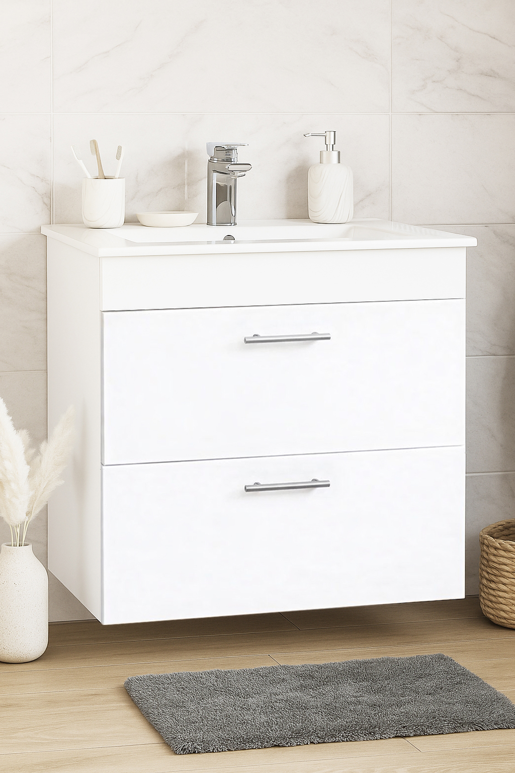 Mobilier baie Kit și lavoar, Seria 067, Suspendat, Sertare, 70cm, Alb