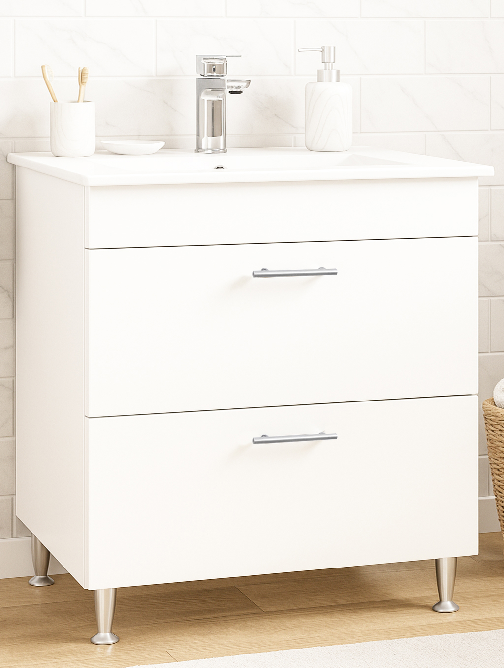 Mobilier baie Kit și lavoar, Seria 067, Sertare, 80cm, Alb