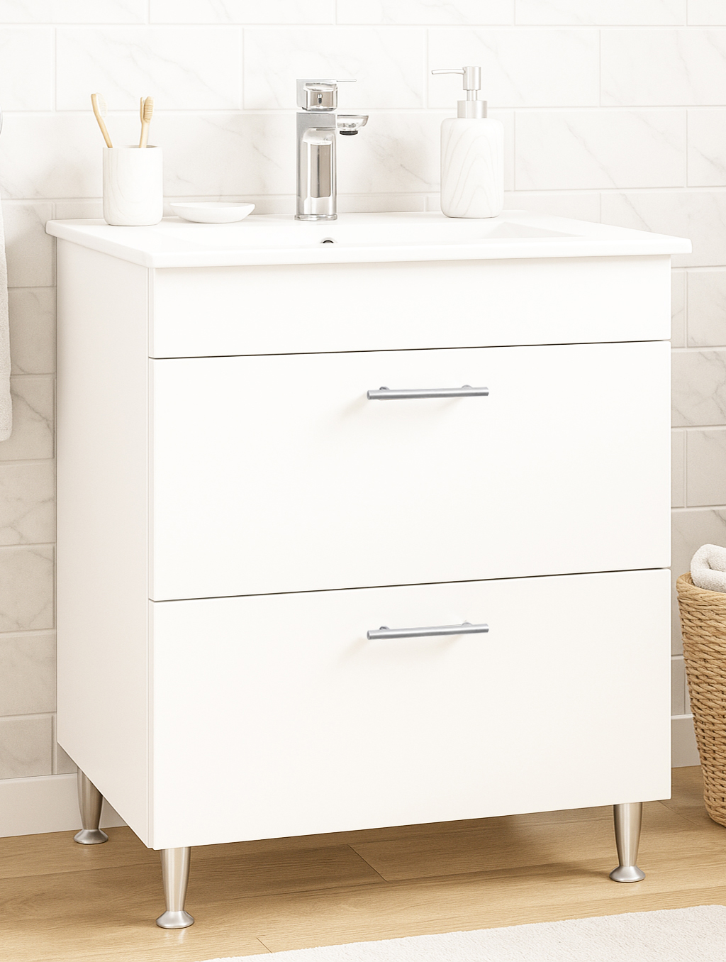 Mobilier baie Kit și lavoar, Seria 067, Sertare, 70cm, Alb