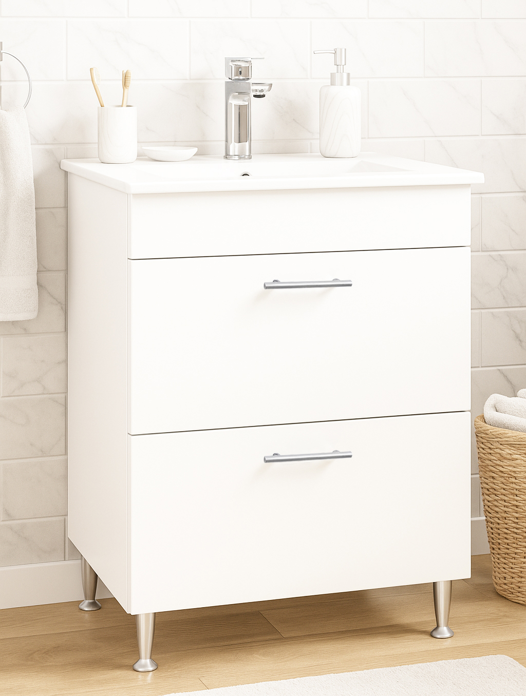 Mobilier baie Kit și lavoar, Seria 067, Sertare, 60cm, Alb