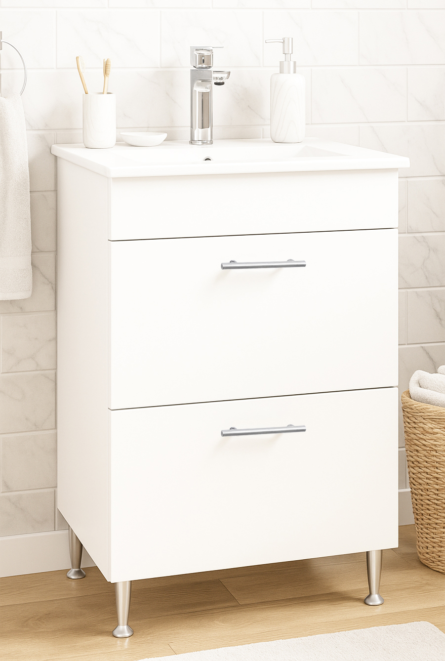 Mobilier baie Kit și lavoar, Seria 067, Sertare, 50cm, Alb