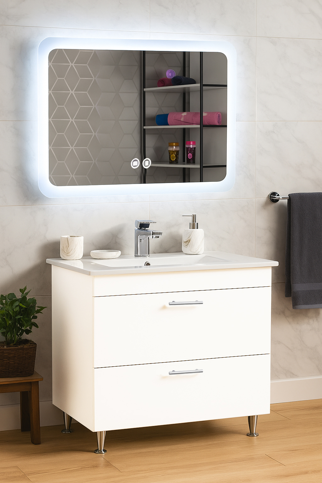 Set Mobilier Baie cu lavoar și Oglindă, Seria 067, Sertare, 80cm, Alb