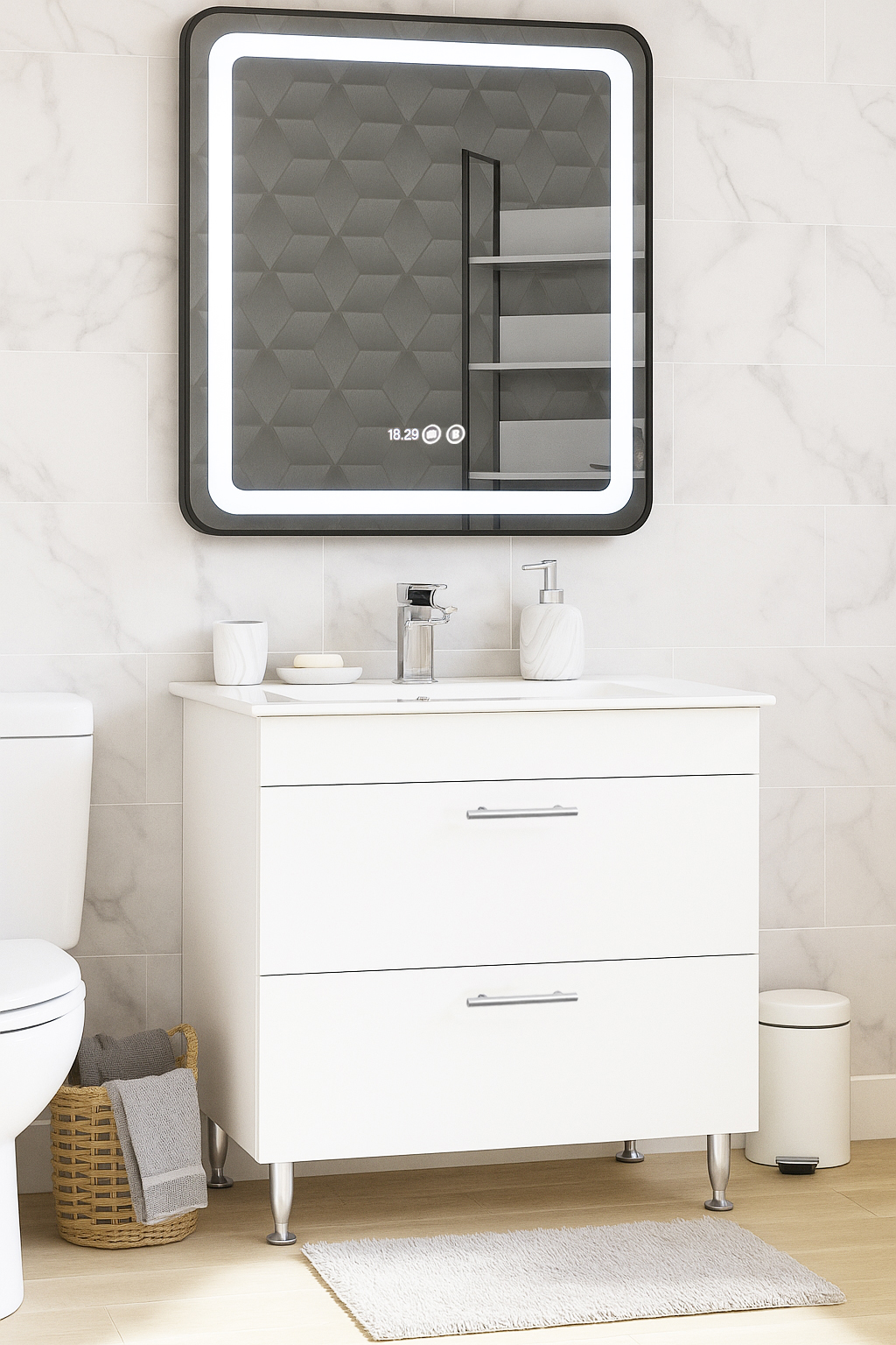 Set Mobilier Baie cu lavoar și Oglindă, Seria 067, Sertare, 70cm, Alb