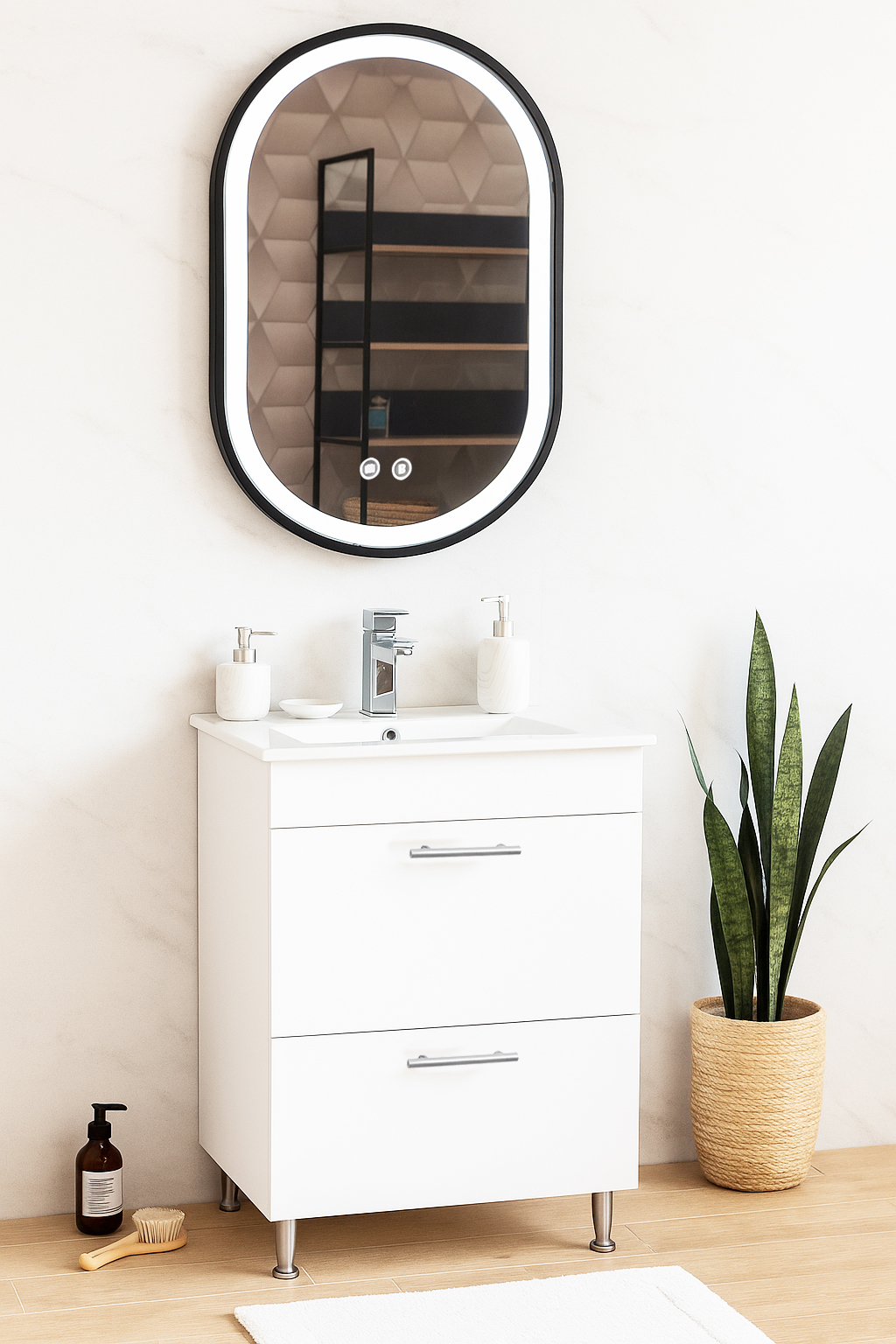 Set Mobilier Baie cu lavoar și Oglindă, Seria 067, Sertare, 50cm, Alb