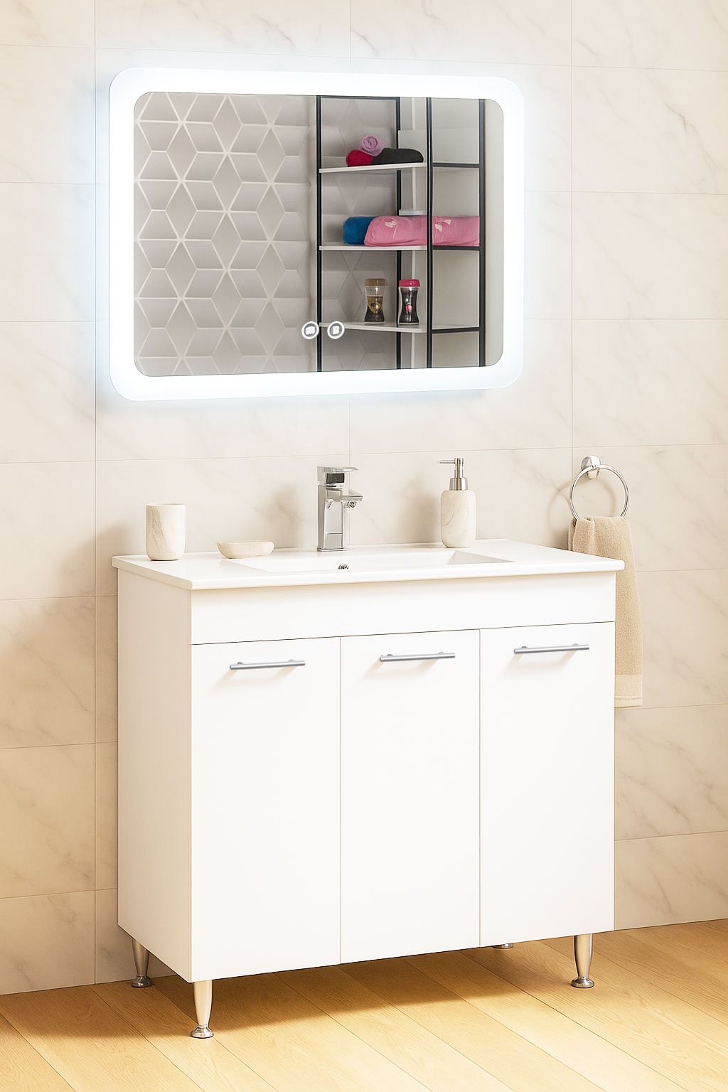 Set Mobilier Baie cu lavoar și Oglindă, Seria 067, Cu usi, 80cm, Alb