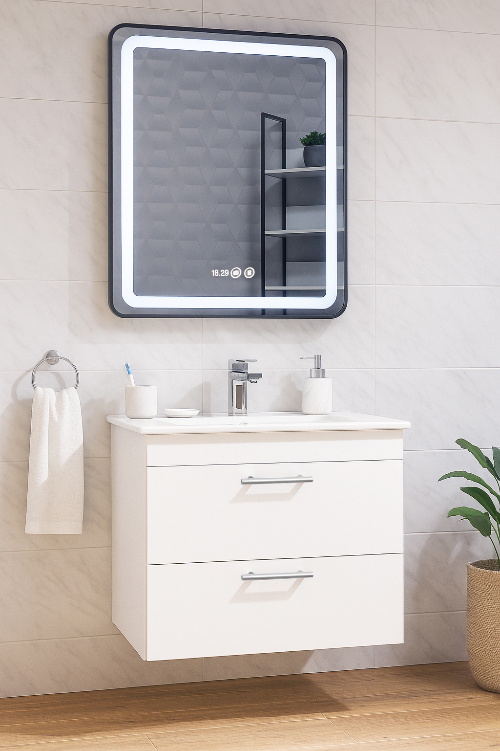 Set Mobilier Baie cu lavoar și Oglindă, Seria 067, Suspendat, Sertare, 70cm, Alb