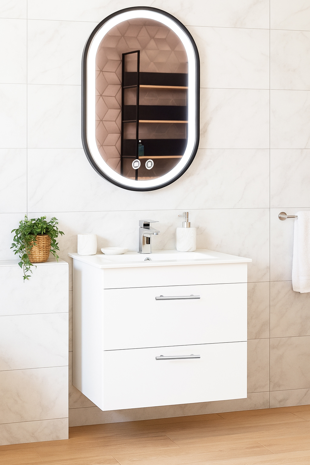 Set Mobilier Baie cu lavoar și Oglindă, Seria 067, Suspendat, Sertare, 50cm, Alb