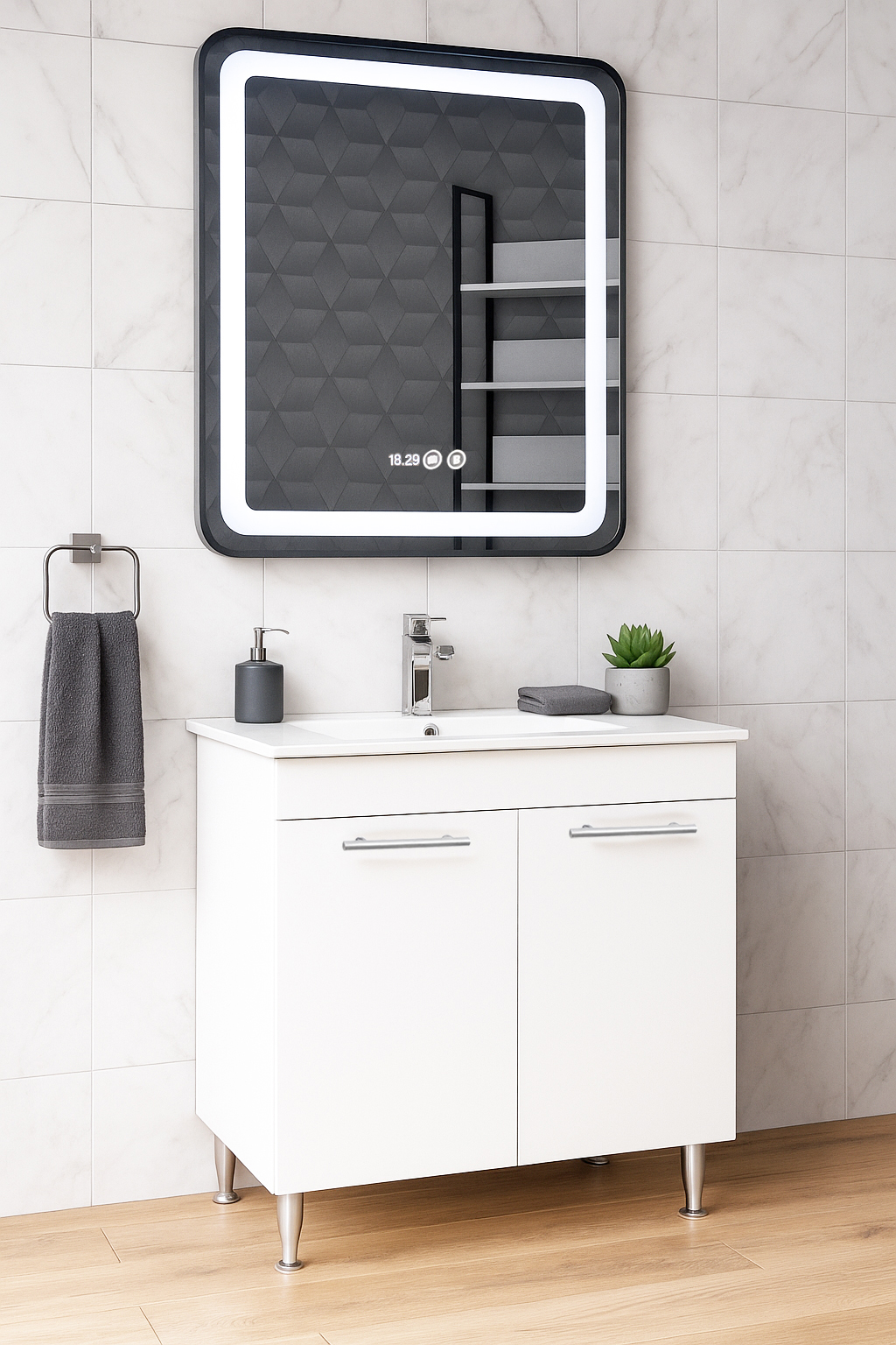 Set Mobilier Baie cu lavoar și Oglindă, Seria 067, Cu 2 Usi, 70cm, Alb