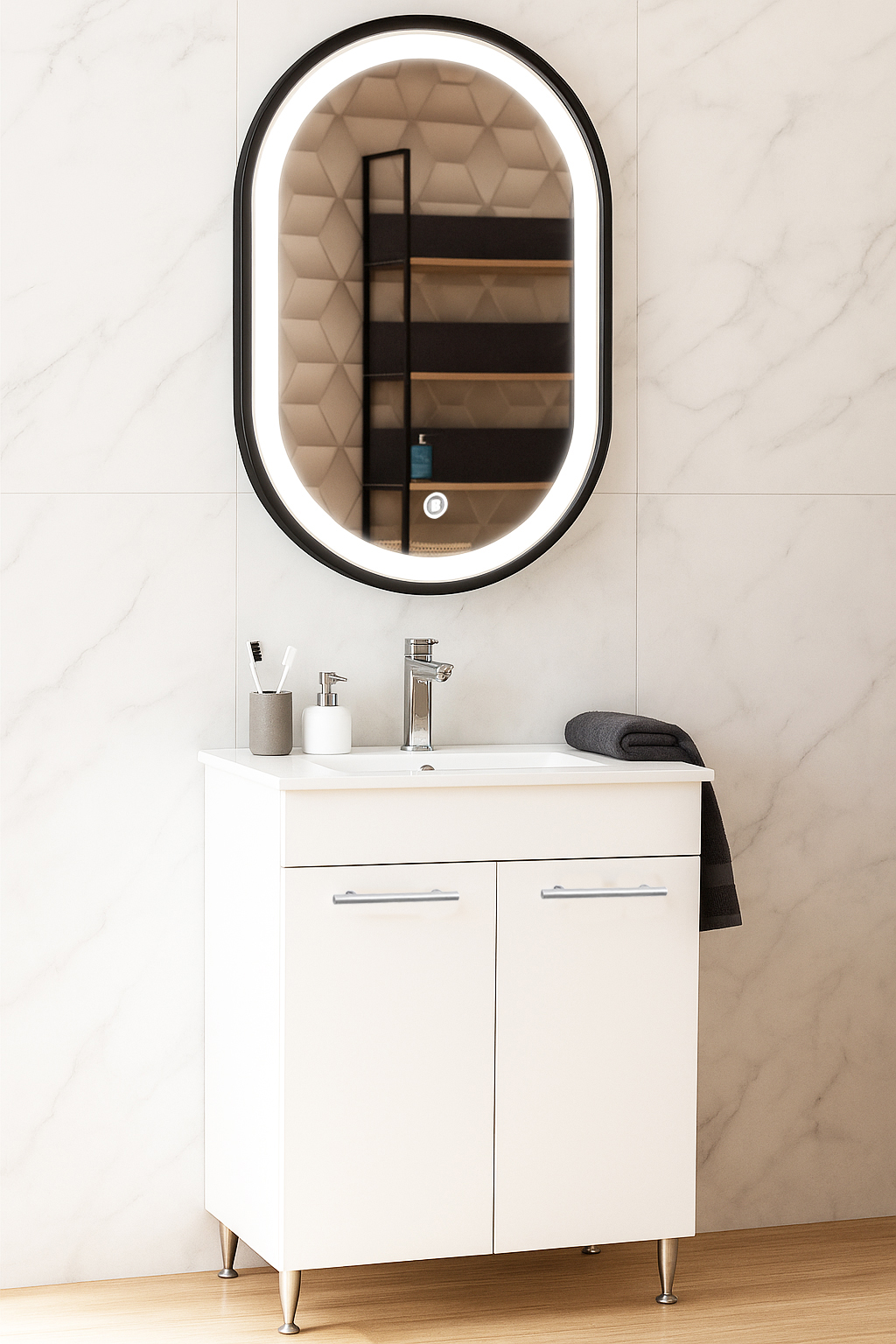 Set Mobilier Baie cu lavoar și Oglindă, Seria 067, Cu 2 Usi, 50cm, Alb