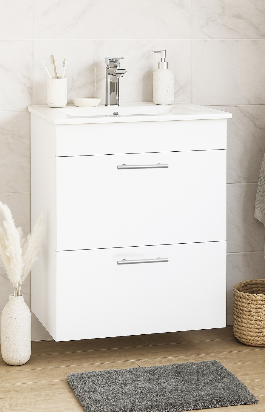 Mobilier baie Kit și lavoar, Seria 067, Suspendat, Sertare, 50cm, Alb