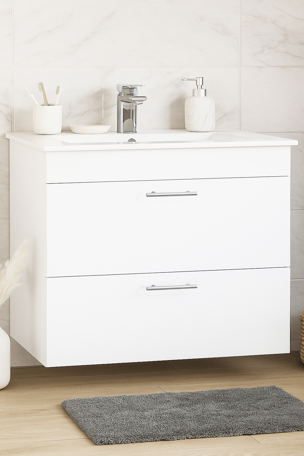 Mobilier baie Kit și lavoar, Seria 067, Suspendat, Sertare, 80cm, Alb