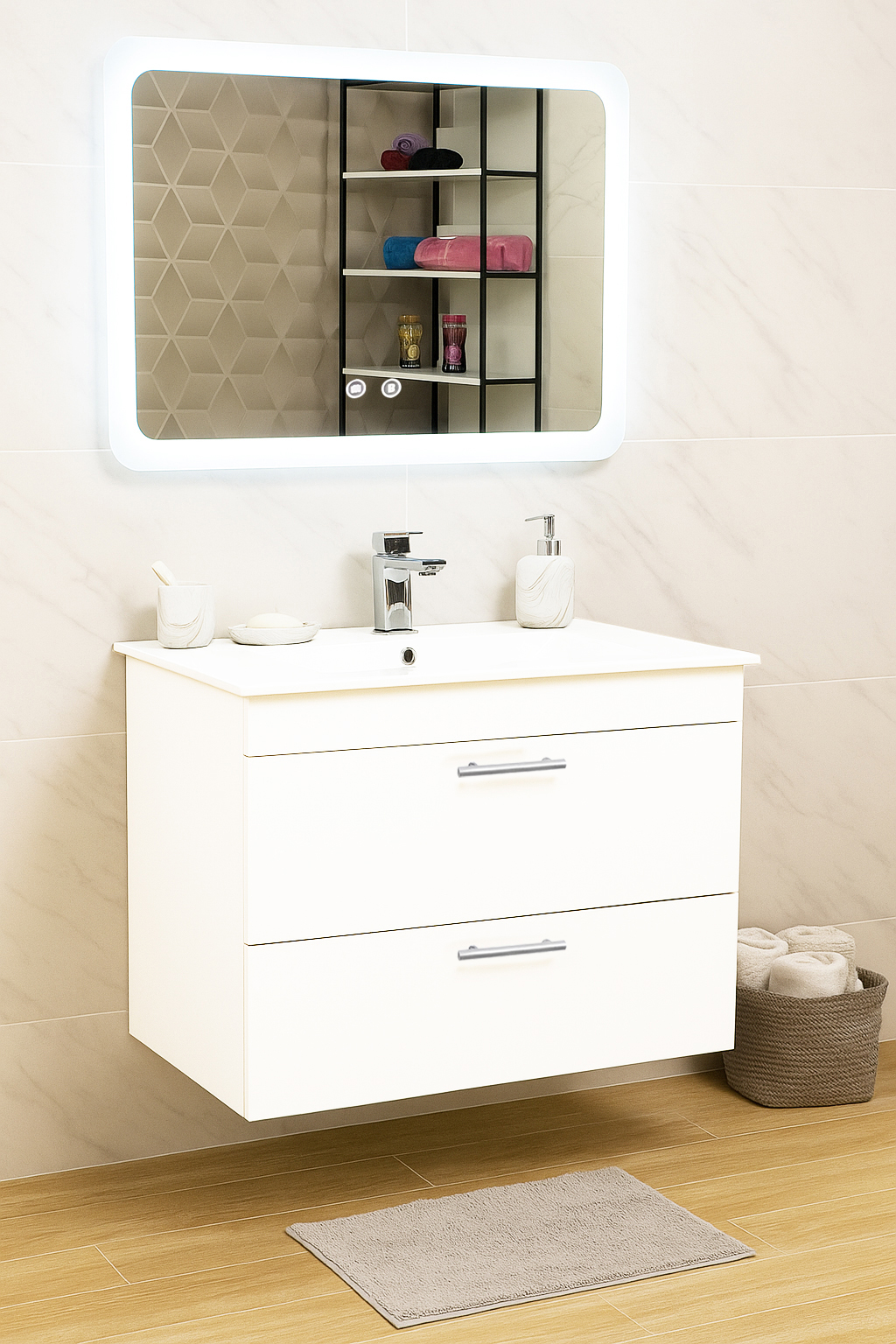 Set Mobilier Baie cu lavoar și Oglindă, Seria 067, Suspendat, Sertare, 80cm, Alb