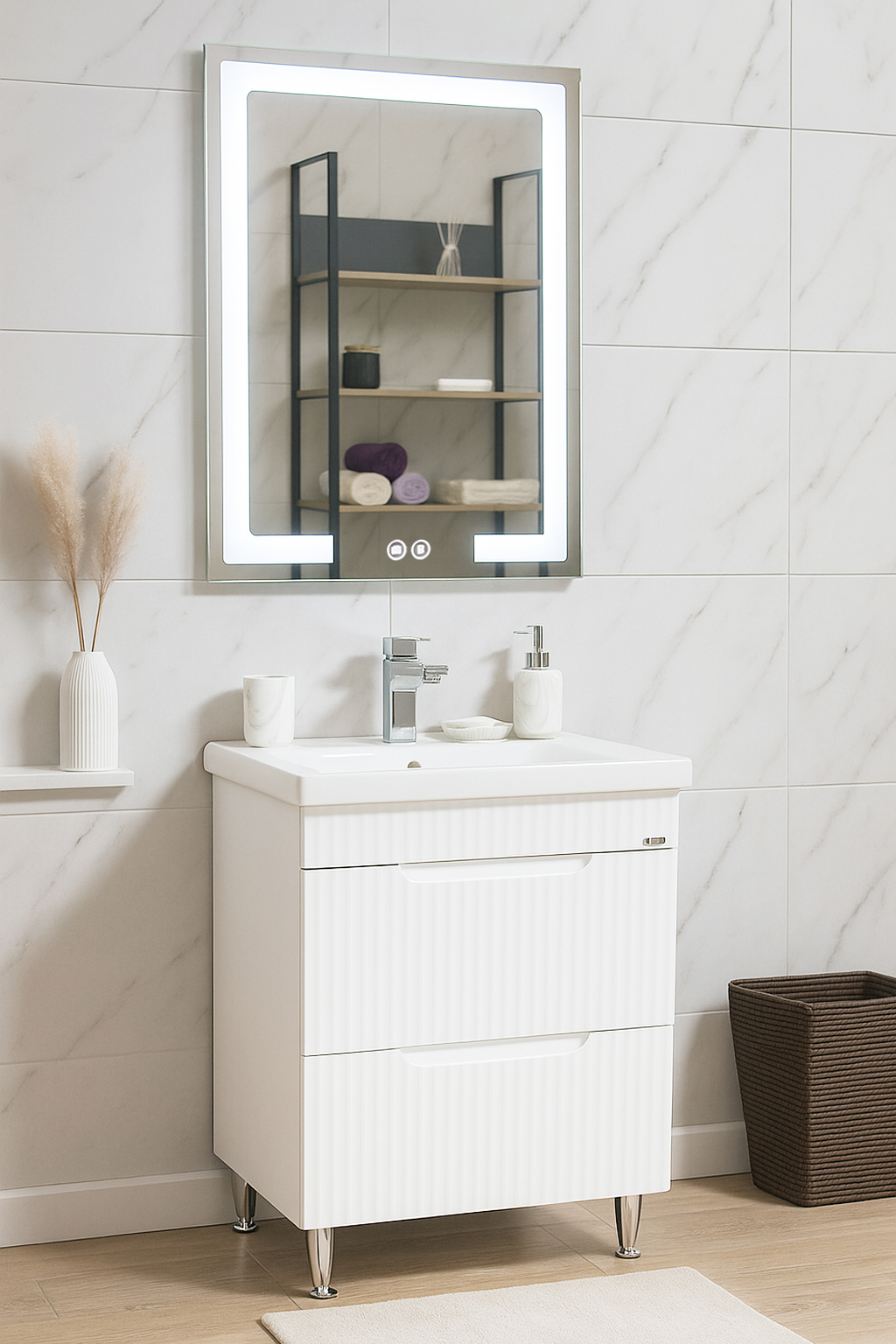 Set Mobilier Baie cu lavoar și Oglindă, Seria 733, Sertare, 60cm, Alb