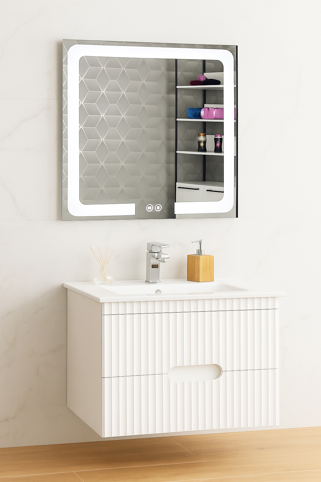 Set Mobilier Baie cu lavoar și Oglindă, Seria 009, Suspendat, Sertare, 80cm, Alb