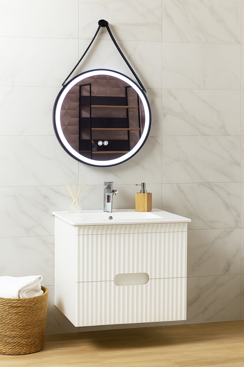 Set Mobilier Baie cu lavoar și Oglindă, Seria 009, Suspendat, Sertare, 60cm, Alb