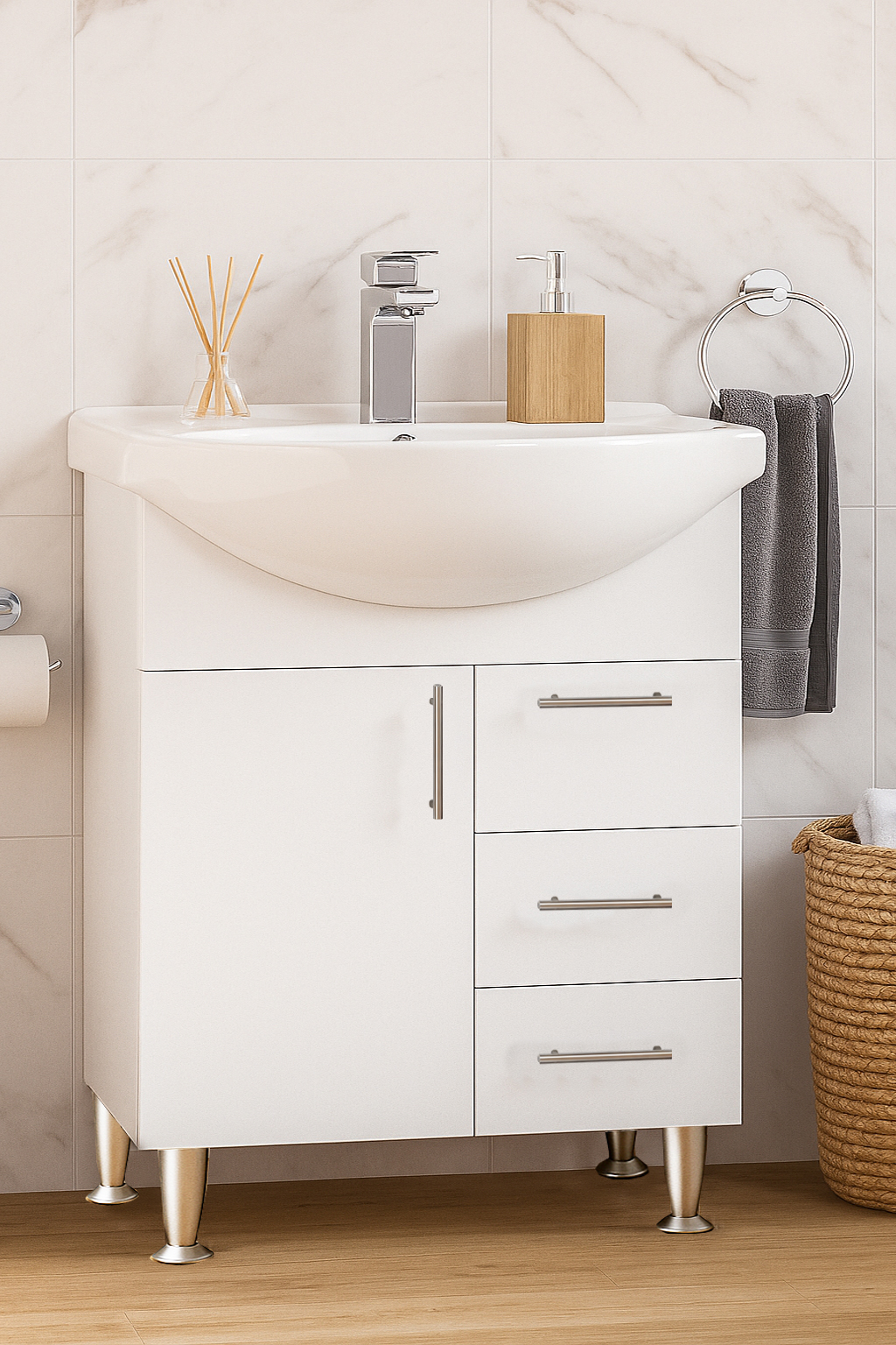 Mobilier baie Kit eco și lavoar, Seria 005, Sertare, 65cm, Alb