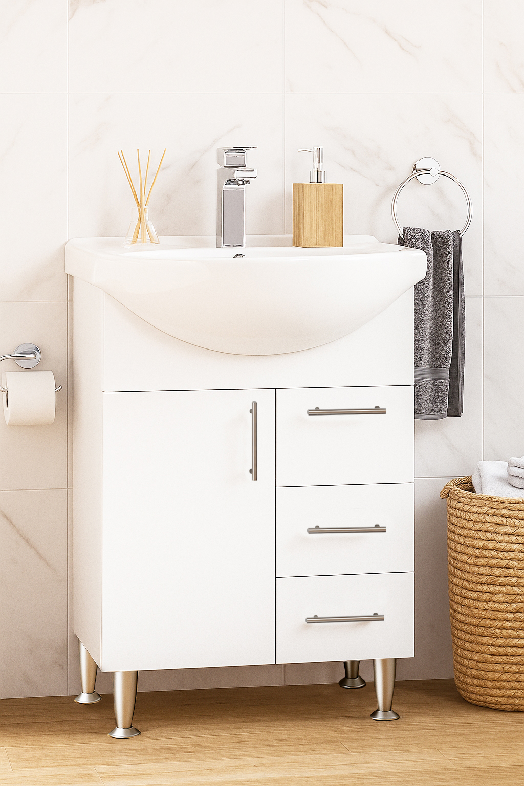 Mobilier baie Kit eco și lavoar, Seria 005, Sertare, 55cm, Alb