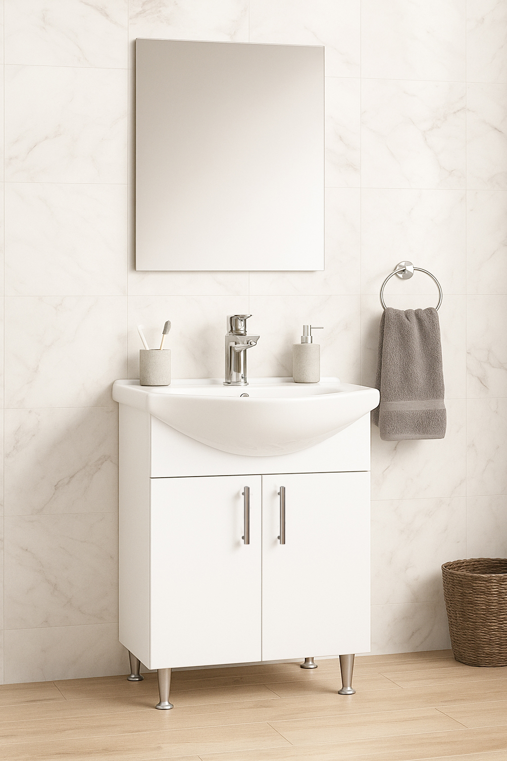 Set Mobilier Baie eco cu lavoar și Oglindă, Seria 005, 60cm, Alb