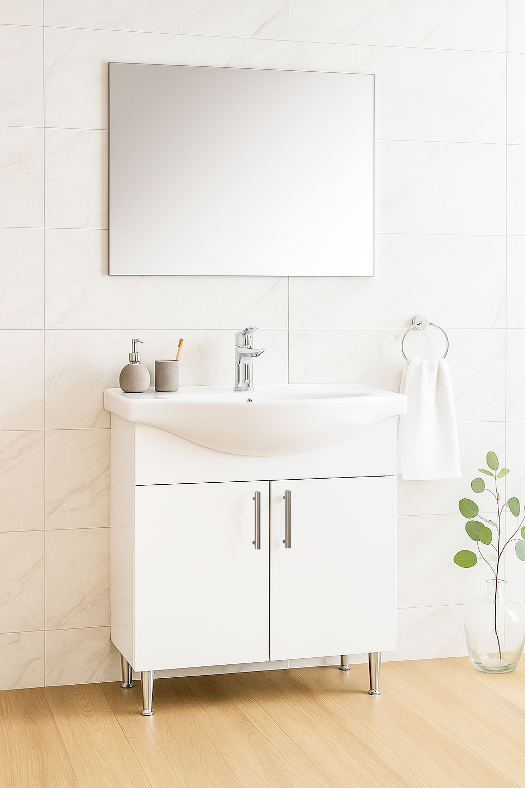 Set Mobilier Baie eco cu lavoar și Oglindă, Seria 005, 70cm, Alb