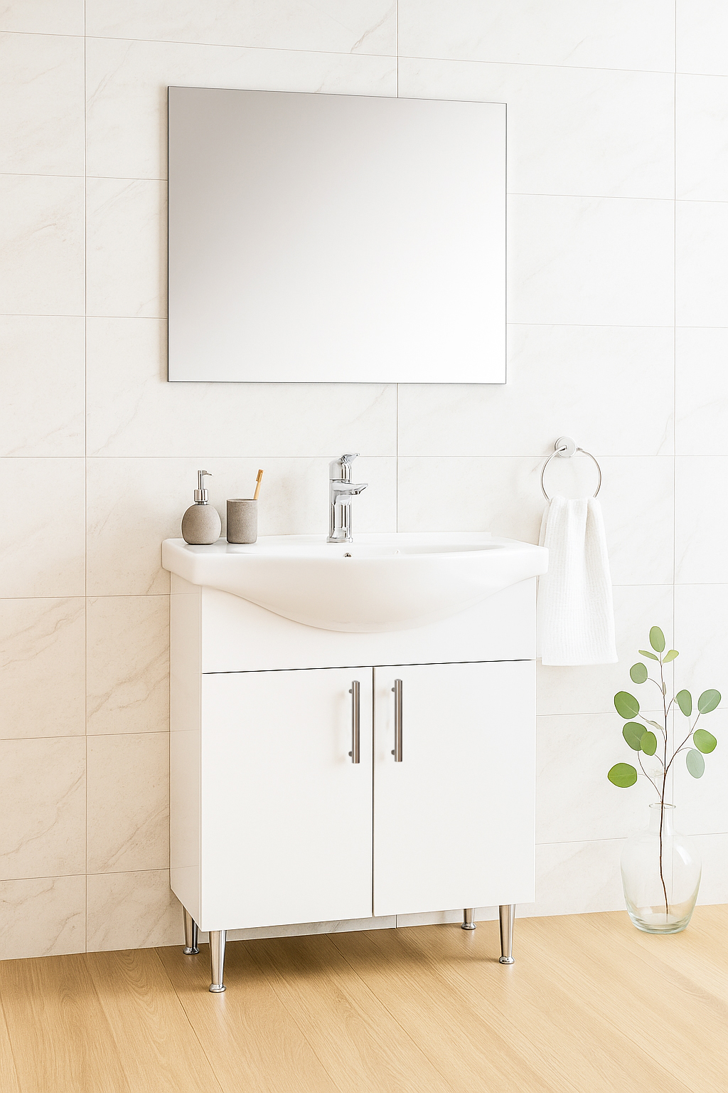 Set Mobilier Baie eco cu lavoar și Oglindă, Seria 005, 65cm, Alb