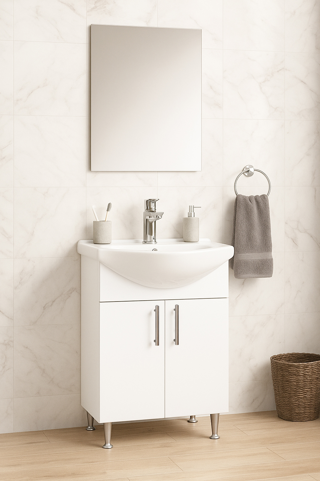 Set Mobilier Baie eco cu lavoar și Oglindă, Seria 005, 55cm, Alb