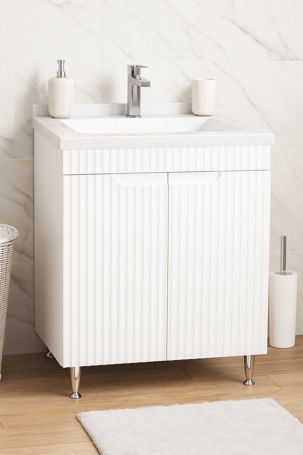 Mobilier Baie MDF și lavoar granit, Seria 833, 60cm, Alb rustic