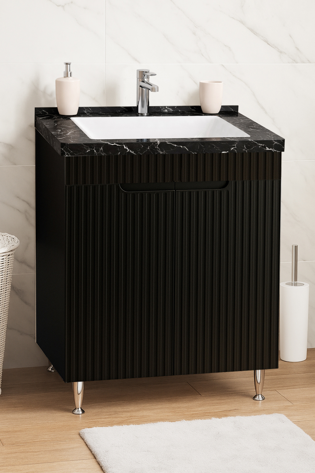 Mobilier Baie MDF și lavoar granit, Seria 833, 60cm, Negru