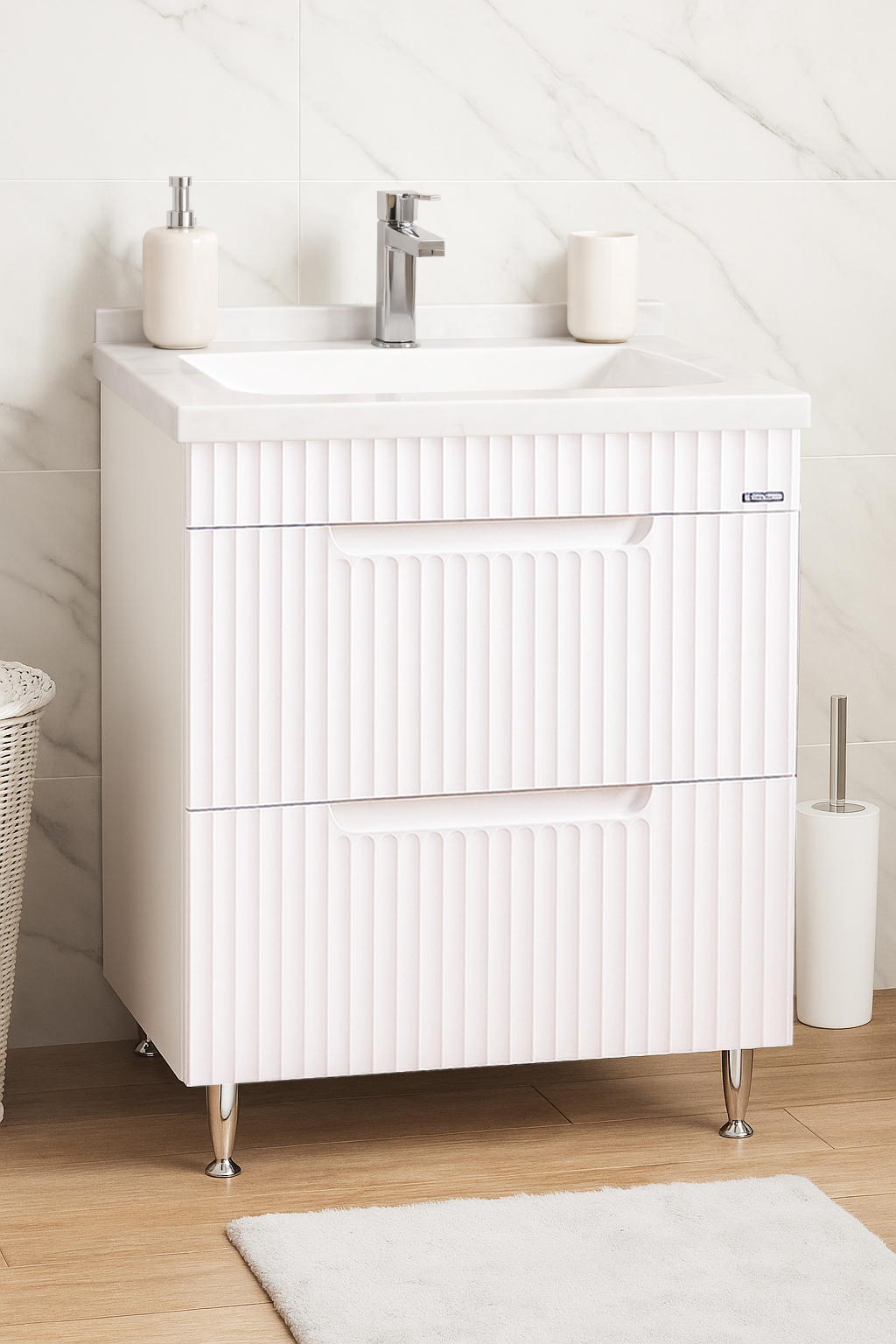 Mobilier Baie MDF și lavoar granit, Seria 833, cu Sertare, 60cm, Alb rustic