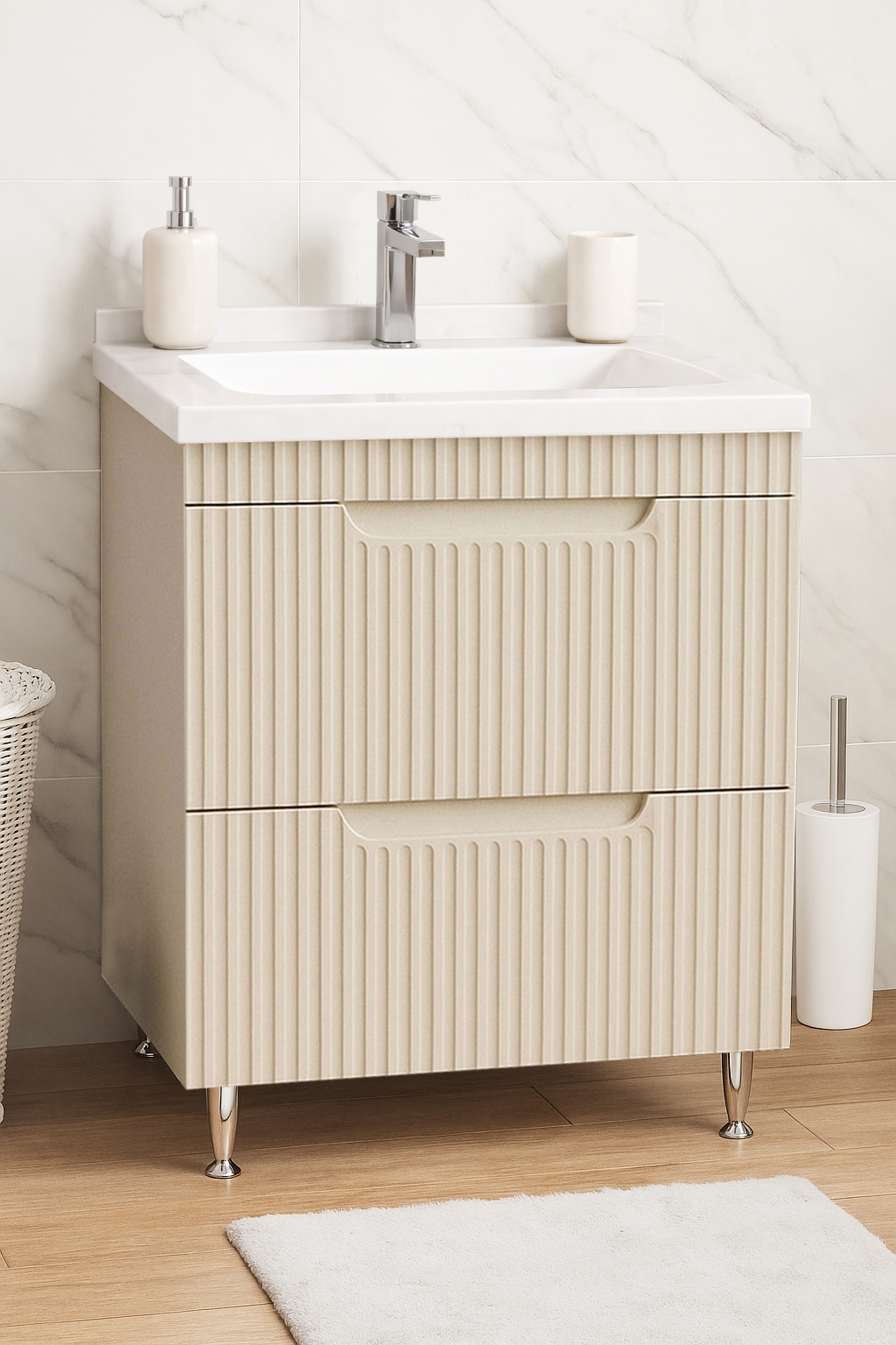 Mobilier Baie MDF și lavoar granit, Seria 833, cu Sertare, 60cm, Crem