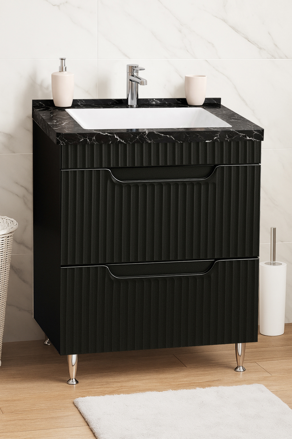 Mobilier Baie MDF și lavoar granit, Seria 833, cu Sertare, 60cm, Negru