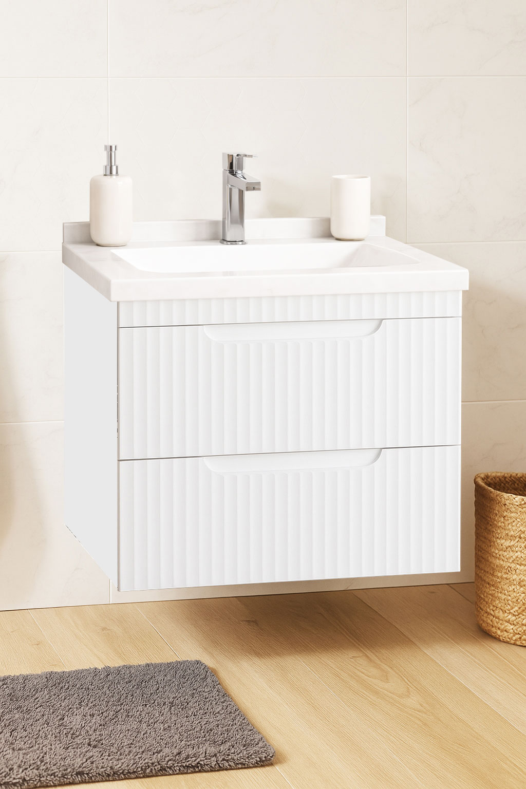 Mobilier Baie MDF și lavoar granit, Seria 833, Suspendat, Sertare, 60cm, Alb rustic