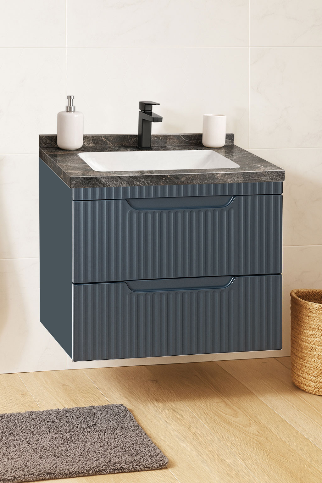 Mobilier Baie MDF și lavoar granit, Seria 833, Suspendat, Sertare, 60cm, Antracit