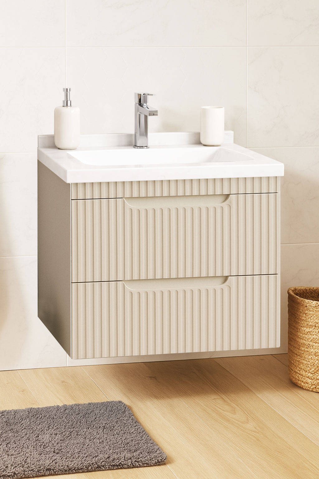 Mobilier Baie MDF și lavoar granit, Seria 833, Suspendat, Sertare, 60cm, Crem