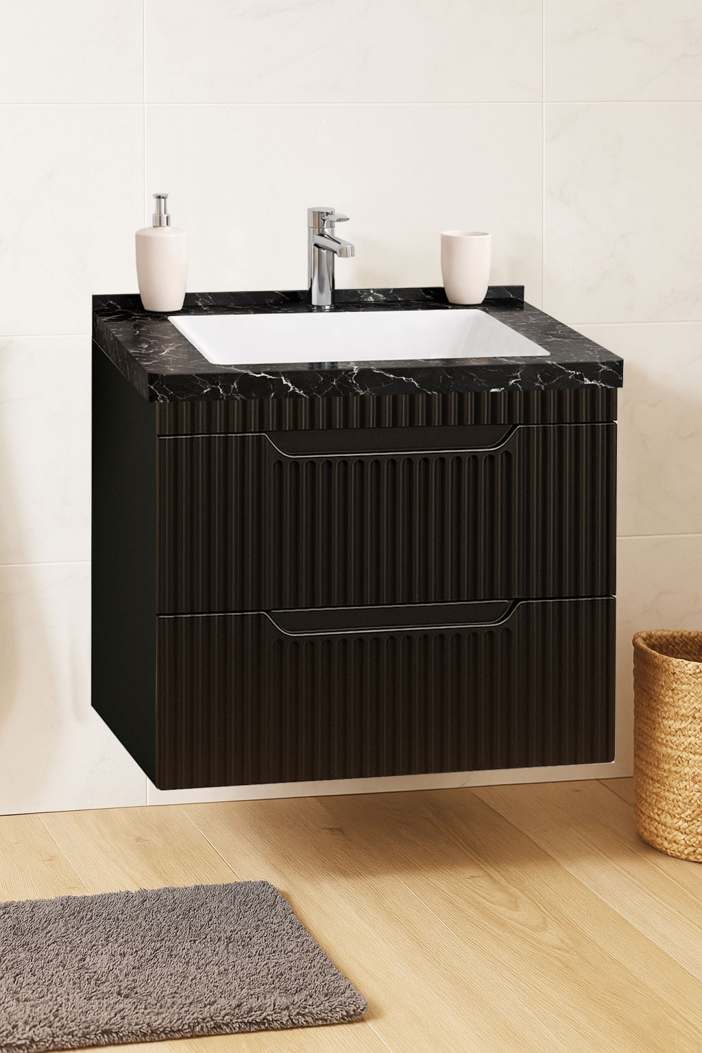 Mobilier Baie MDF și lavoar granit, Seria 833, Suspendat, Sertare, 60cm, Negru